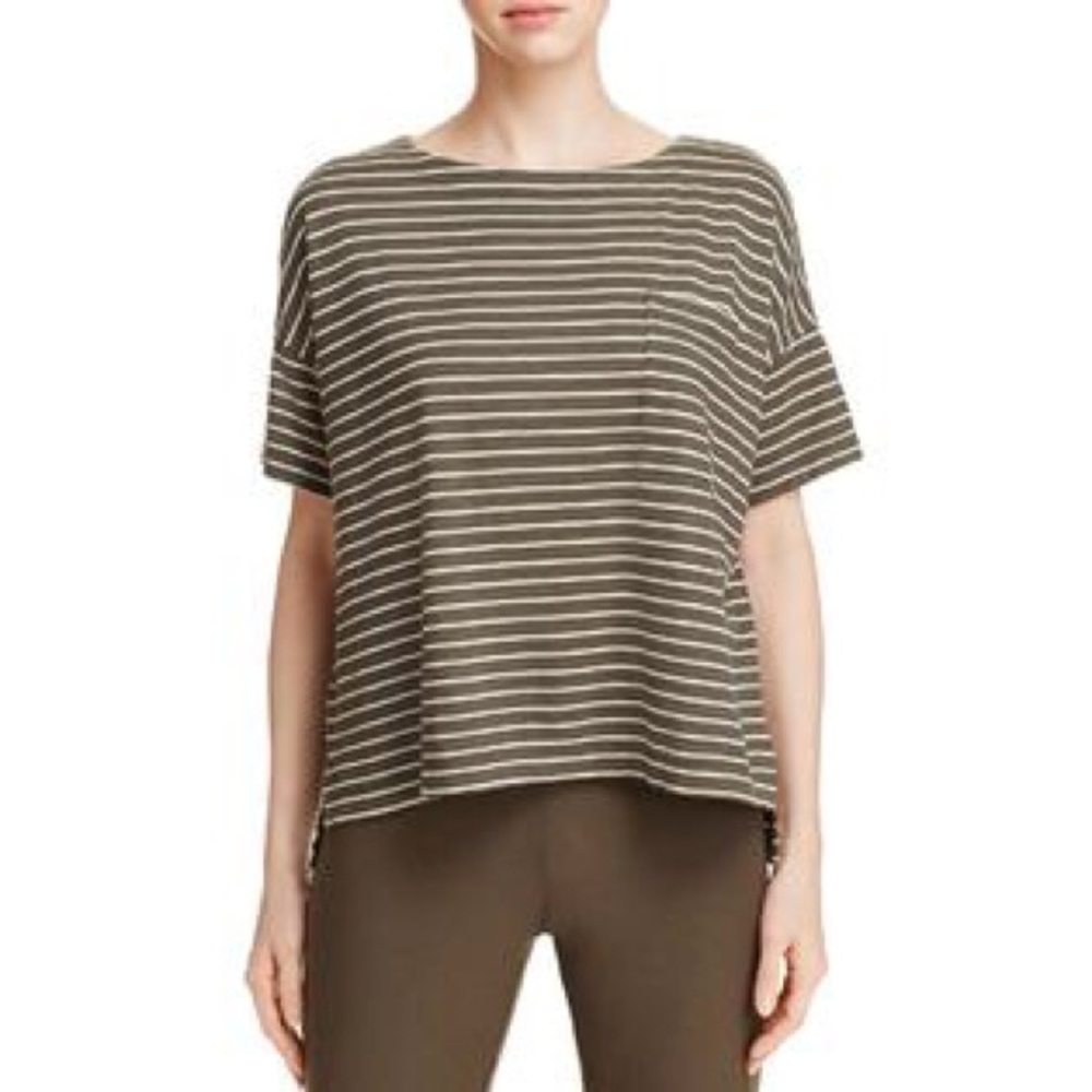 Eileen Fisher Olive Green & Cream Striped Short-Sleeve Tee